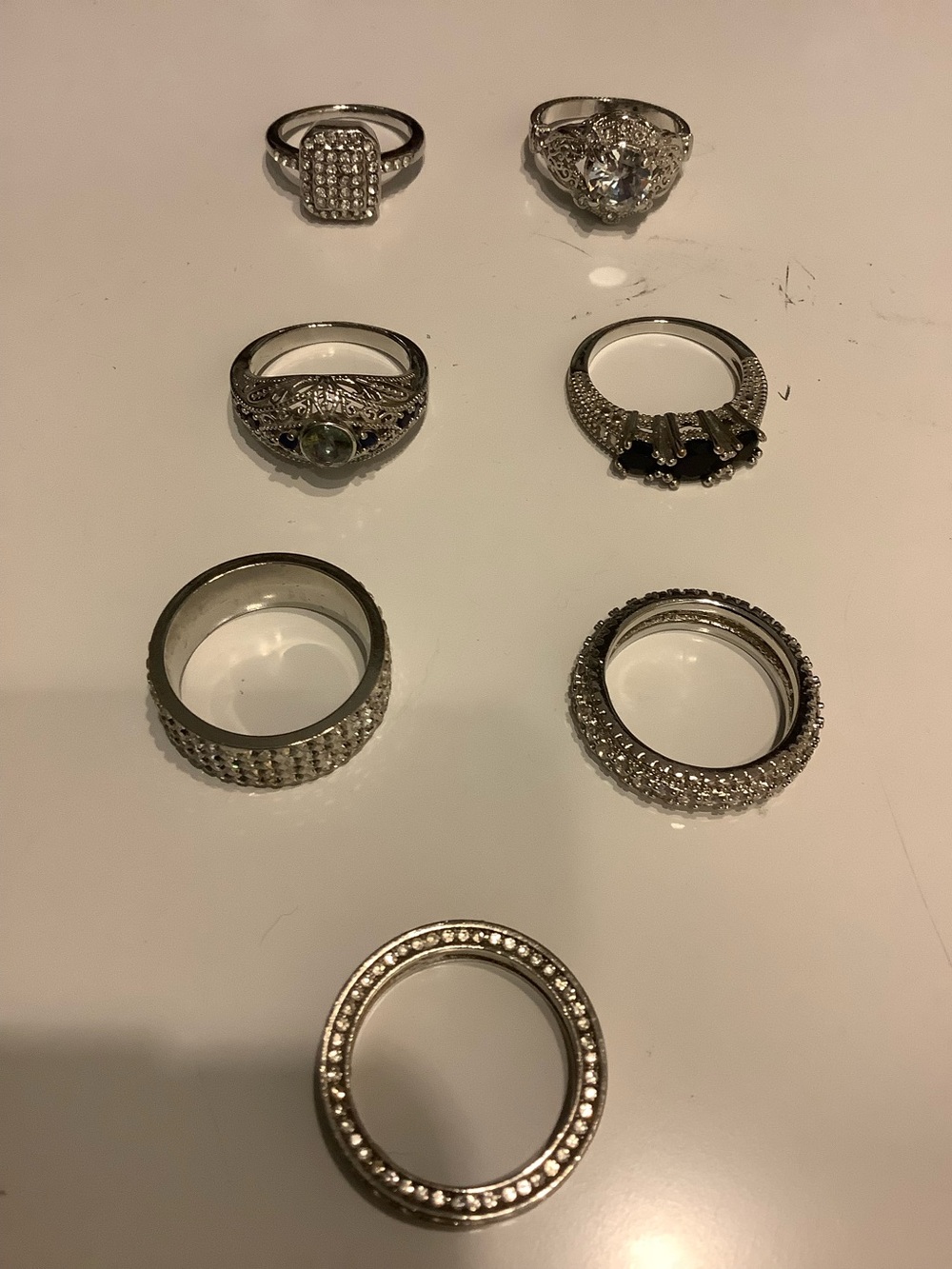 Bundle of Seven Costume Jewelry Silver Rings Size 8